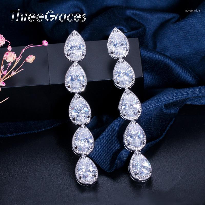 

ThreeGraces Elegant Bridal Wedding Earrings Beautiful Cluster Peardrop Women Long Dangling Earring With CZ Crystal Stone ER1501