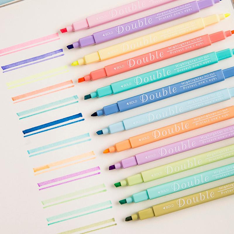 

12pcs Soft Color Slim Smooth Highlighter Pen Double-Side Fine Tip Epoptic Markers Liner Drawing Pens Office School Art H67971