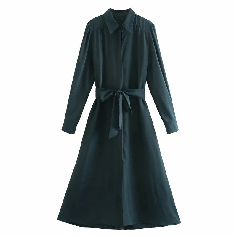 

New 2021 Green Shirt Satin Women Winter Elegant Long Sleeve Midi Dress Woman Vintage Belt Button Chic Dresses Okj2