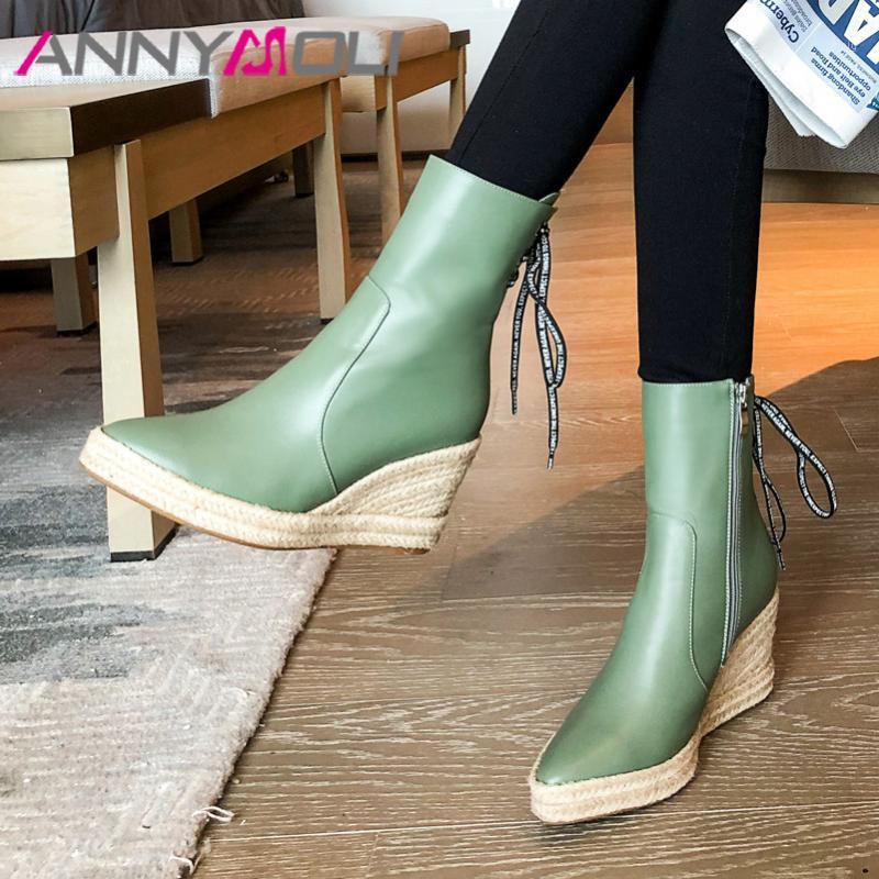 

ANNYMOLI Autumn Ankle Boots Women Zipper Platform Wedge High Heel Short Boots Lace Up Round Toe Shoes Lady Winter Big Size 33-431, Beige