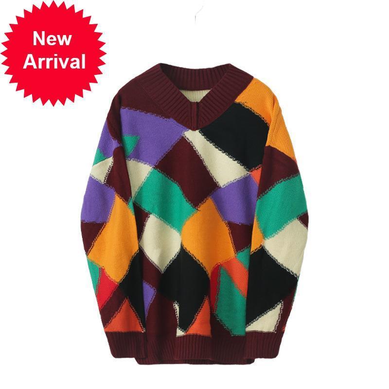 

New Autumn 2021 Female Fashion Track New Contrast Loose Color Chic High Street Knitted Sweaters M1VY, Beige