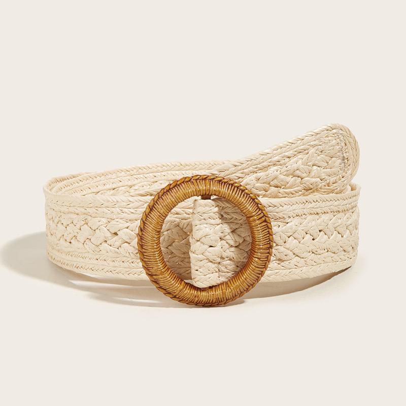 

Belts Vintage Bohemian Wide Belt Summer Ultra Straw Woven Carved Round Wood Buckle Boho Casual Waist Seal, Black;brown