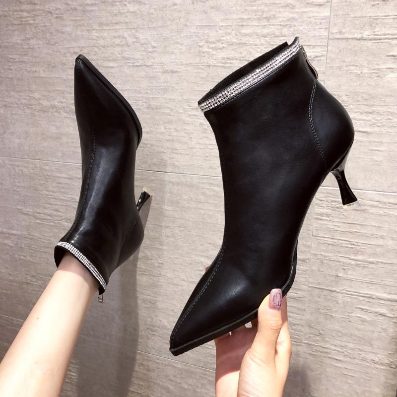 

Black Leather Short Boots Shoes Crystal Ankle Boots Women's New Winter Heels Pointed Thin Heeled High Heels Y6922-2