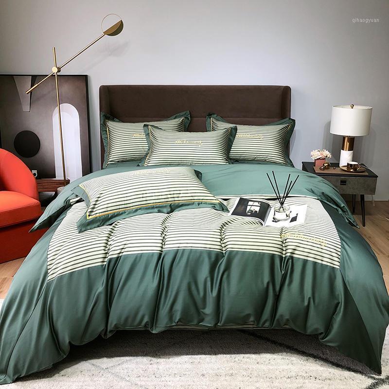 

Green Bedding Set Stripe Duvet cover set Long-staple cotton Pillowcases Queen King Size Bed Bed Linen 4pcs 2020 new1, Colour 2