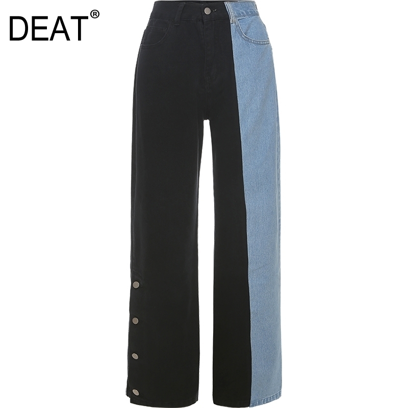 

[DEAT] Patchwork Mixed Color Button Wide Leg Jeans New High Waist Loose Women Trousers Fashion Tide Spring Autumn 13T390 210203, Blue