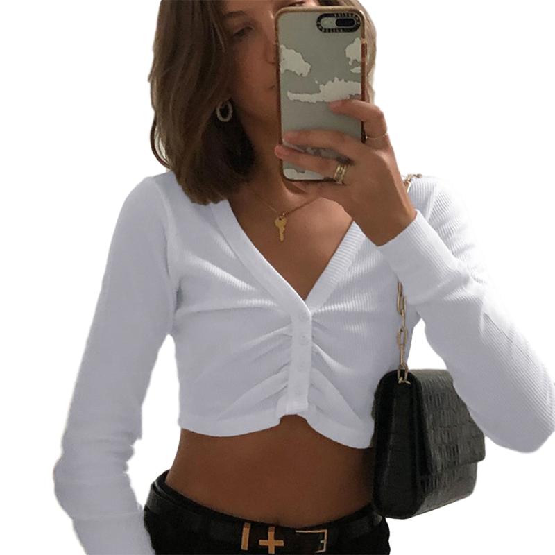 

Women Button V Neck Crop T-Shirts, Long Sleeve Solid Color Cute Knitwear Slim Tops, White