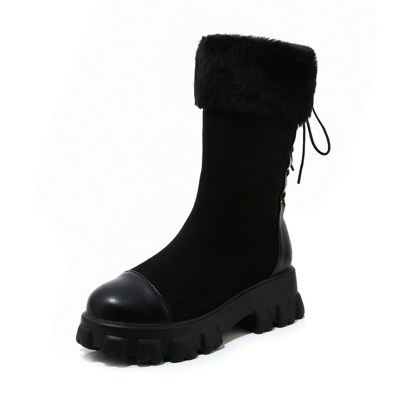 

2021 New Big Size 34-43 Winter Simple Ankle Snow Comfortable Flock Solid Color Keep Warm Women Boots Thick High Heels Shoes Woman Htie, Black