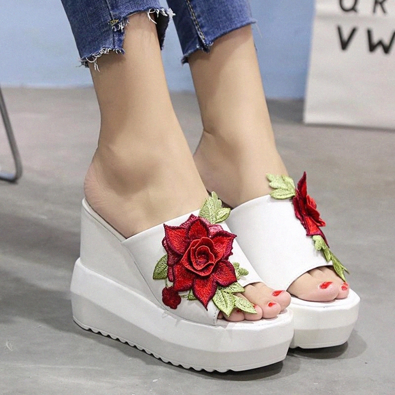 

Rimocy Embroidery Floral Chunky Platform Wedge Sandals Women Summer 2020 Super High Heels Patent Leather Sandalias Mujer Shoes #jl3C, Black