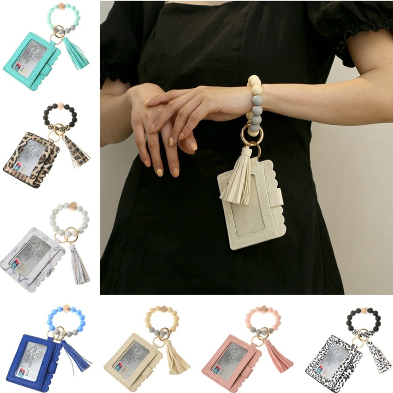 

Womens Fashion PU Leather Bracelet Bracelets Wallet Keychain Party Favor Tassels Bangle Key Ring Holder Card Bag Silicone Beaded Wristlet Ke, Silver