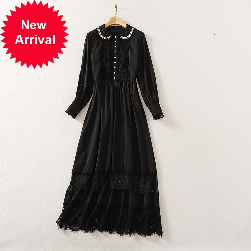 

New Primavera 2021 Outono Nova Gola Boneca Preto Feminino Vestido De Manga Comprida Rendas Emenda Elegante Temperamento Moda Vestidos J3WW, Blue