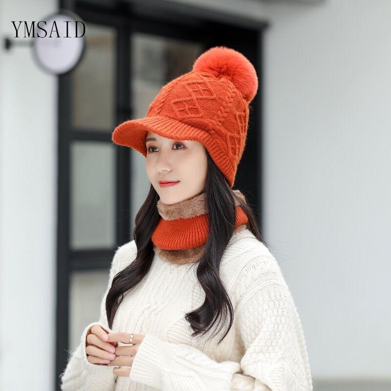 

2020 New Women's Wool Hats Bib Sets Women Fashion Hair Ball Knit Caps Female Outdoor Cycling Windproof Beanie Skullies Hats Suit, Pink