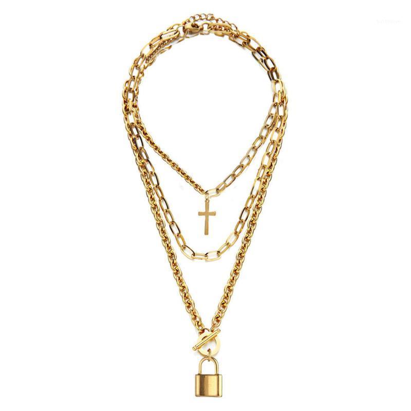 

Punk Fashion Stainless Steel Cuban Link Chain Choker Necklaces Gold Multilayer Padlock Cross Pendants Hip Hop Men Women Jewelry1