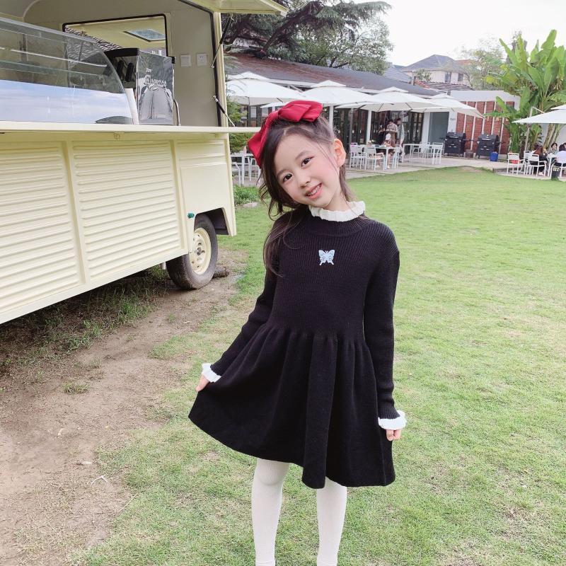 

kids dress baby girls clothes autumn winter Black knitted dress with white lace half-high collar girls1, As pic