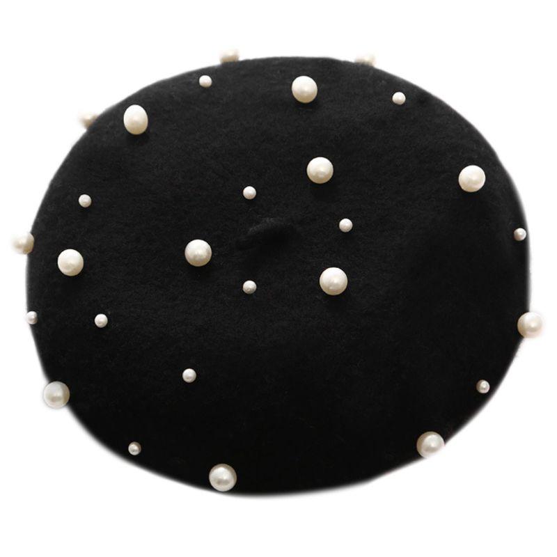 

Women Luxury Elegant Winter Beret Cap Full Faux Pearl Rivet Embellishment Starry Sky Elastic Retro Beanie Tam Hat Solid, B purple