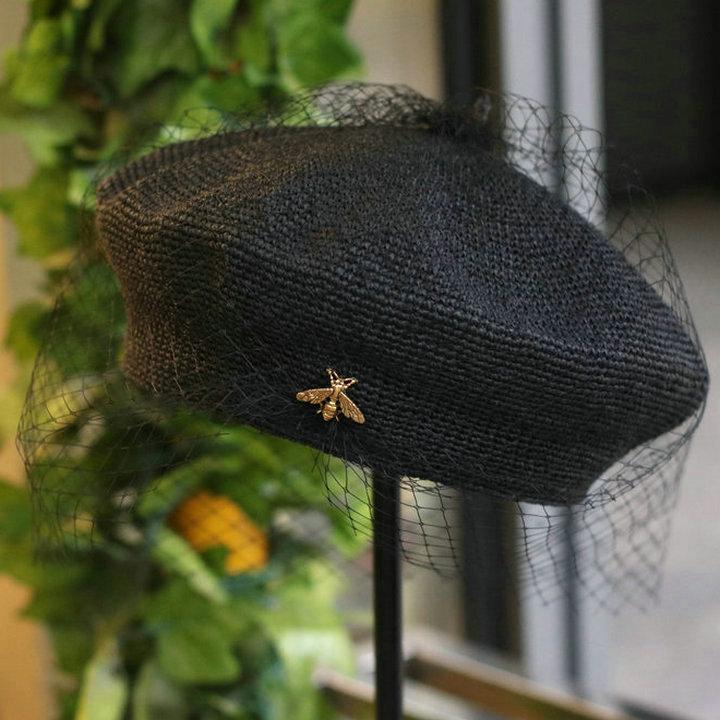 

Lady Mesh Beret Cap Women Leisure Hat New Summer Handmade Fine Paper Bee Exquisite Woven, Black