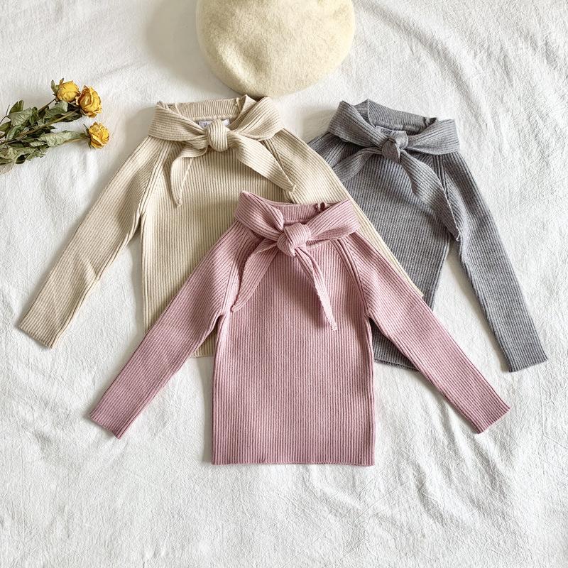 

Girls Knitted Tie Bow Sweaters Spring Autumn Full Sleeve Fashion Kids Girl Top, Beige