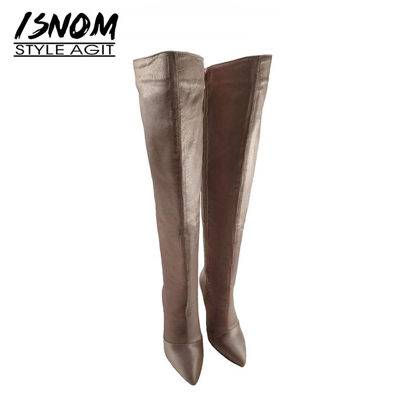 

ISNOM Satin Over The Knee Women Boots Pointed Toe Footwear Lady High Heels Boot Zip Party Shoes Woman 2020 Winter Plus Size 43, Apricot