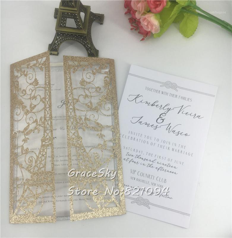 

free shipping 50pcs Laser cut Pairs EiffelTower Glitter paper 2020 wedding invitation cards with Receipt Customized card1
