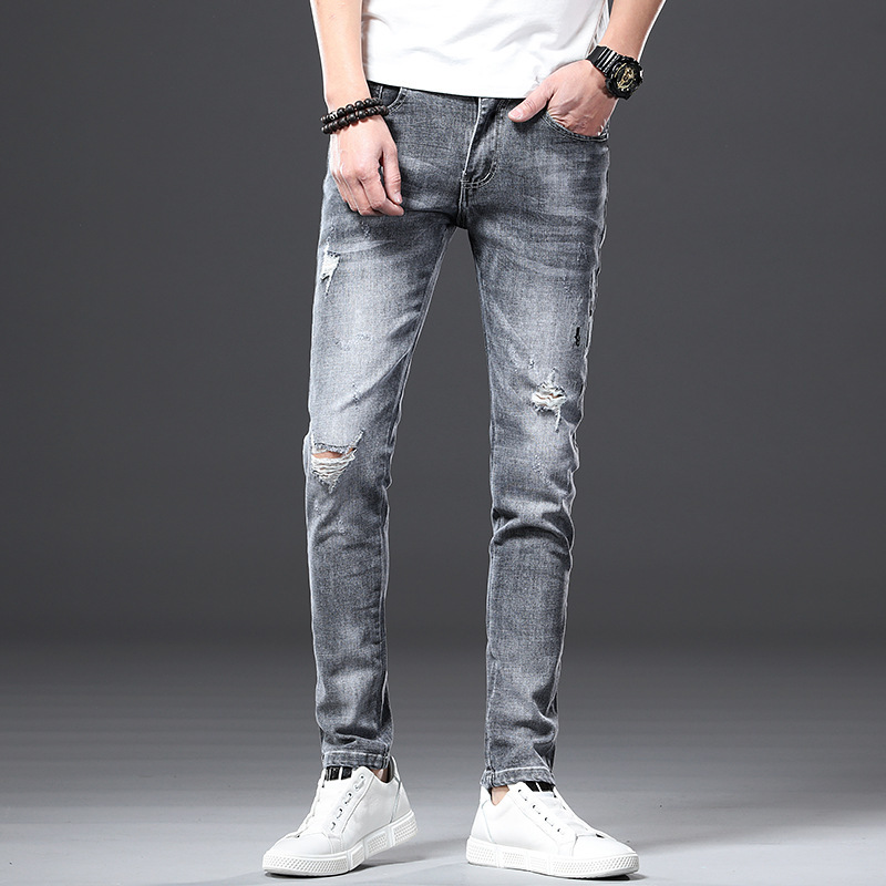

Male Brem 2020 New Fine Stretch Section Thin Jeans Youth Feet Korean Hole Pants Casual Size 28-34 36 7uab, Light blue