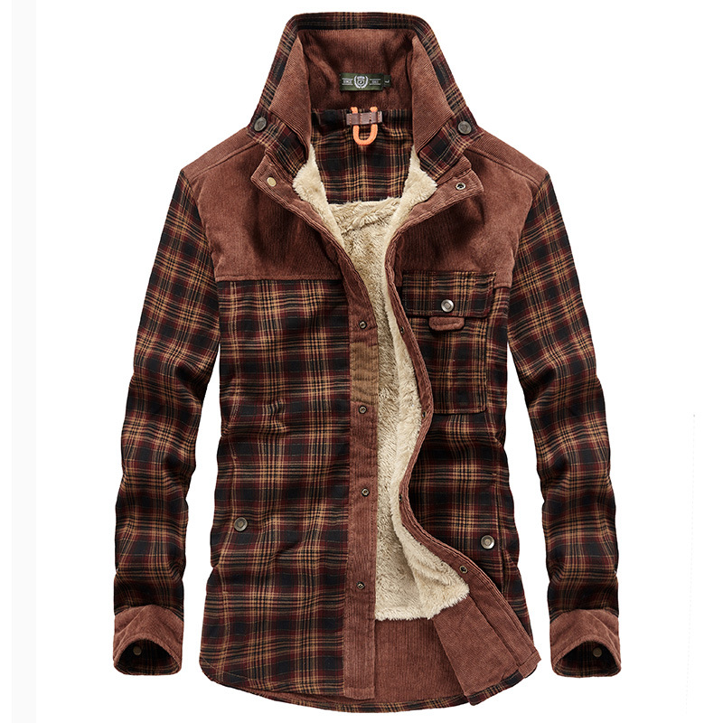 

Winter Shirt Long-sleeved Plaid Top Men Casual Plus Velvet Warm Shirt, Black;brown