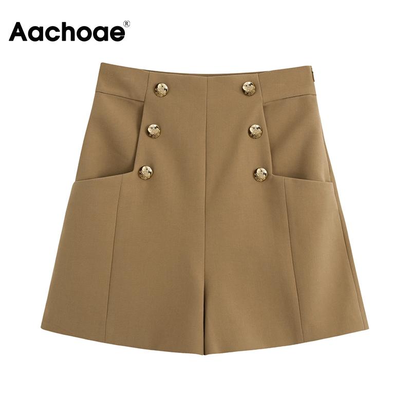 

Aachoae Summer Elegant Brown Color Shorts Women Button Retro Shorts Female Baggy Pleated Office Wear Hotpants Spodenki Damskie