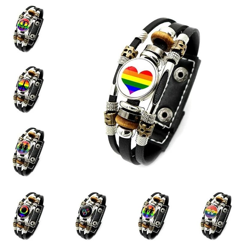 

Charm Bracelets Rainbow Flag Lesbian Gay Pride Bracelet Bisexuals Transgender Jewelry Multilayer Punk Leather Lovers Gift