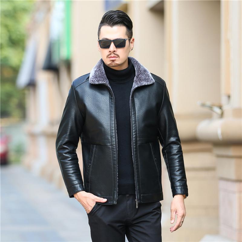 

new genuine leather coat for men sheepskin leather hooded jacket winter jackets for men free shipping, Black