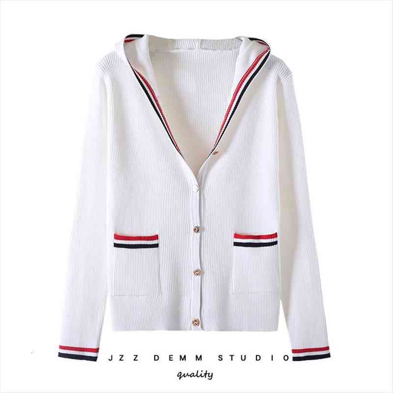 

korean autunm striped v-neck knitting hooded cardigan women button casual pockets sweater women, White;black