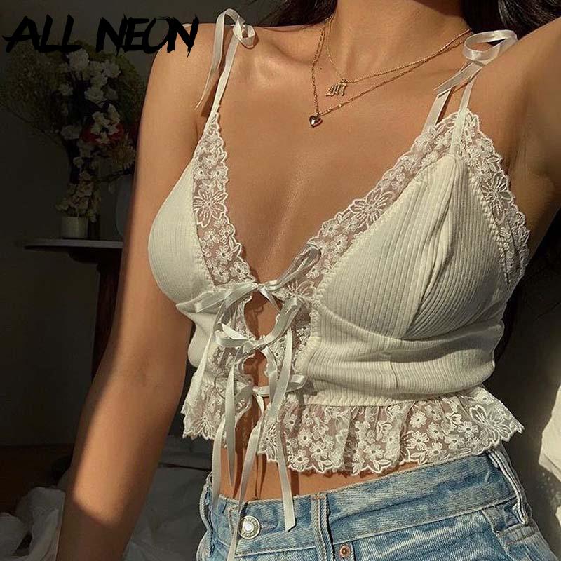 

ALLNeon Y2K Fashion Sexy Deep V-neck Lace Trim Cami Tops Vintage Spaghetti Strap Ribbed White Cropped Tops 90s Streetwear Sweet