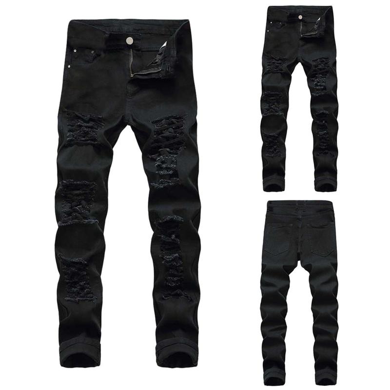

Fashion Men's Casual Autumn Solid Colors High Waist Denim Cotton Straight Ripped Hole Trousers Jeans Casual Jogger Pants#35, Black
