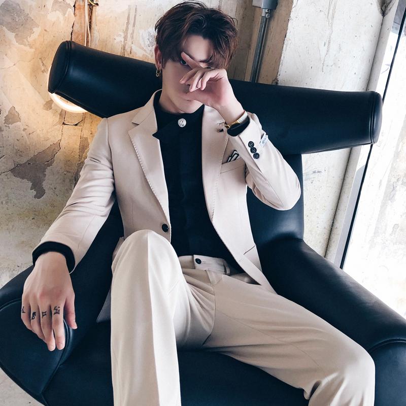 

Korean Style Men Suits Fashion Business Formal Long Sleeve Slim Office Cardigan Men Suits Blazer Mujer Men's Clothing DB60XF, Apricot piece set