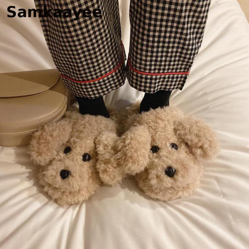 

Size 36-41 Women Slippers Winter Femmes Cartoon Dog Home Shoes Indoor Warm Flats Wool Warm Chaussures Mujer Solid Footwear Y16, Brown