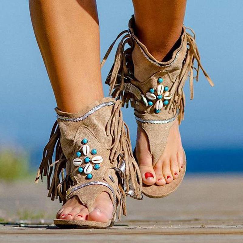 

2021 New Fashion Summer Women's Retro Sandals Gladiator Ladies Clip Toe Vintage Boots Casual Tassel Rome Woman Shoes Female, Beige