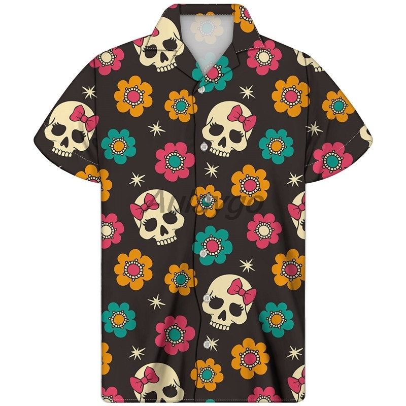 

Cuban Shirt Skull Print Guayabera Camisa Hombre Hawaiian Shirt Summer Men Plus Size Colorful Skull Clothing Tela Calaveras LJ200928, White;black