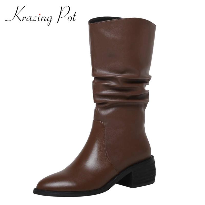 

Krazing Pot winter new boots genuine leather three colors all-match pointed toe thick med heel slip on dating mid-calf boots L65, White