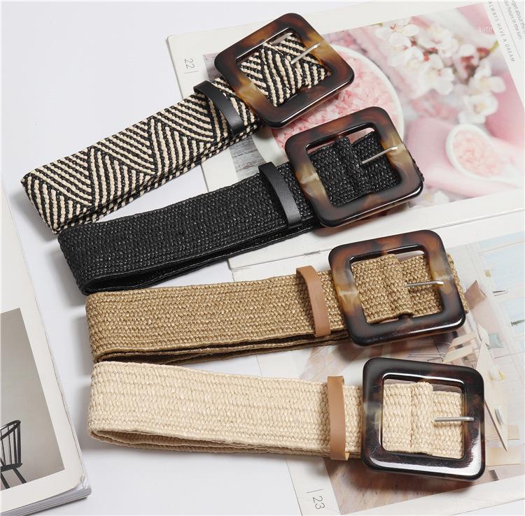 

New Female belt leisure ultra wide Waist sealing female knitting retro carved wood buckle elastic decoration dress Fashion Belt1, Black