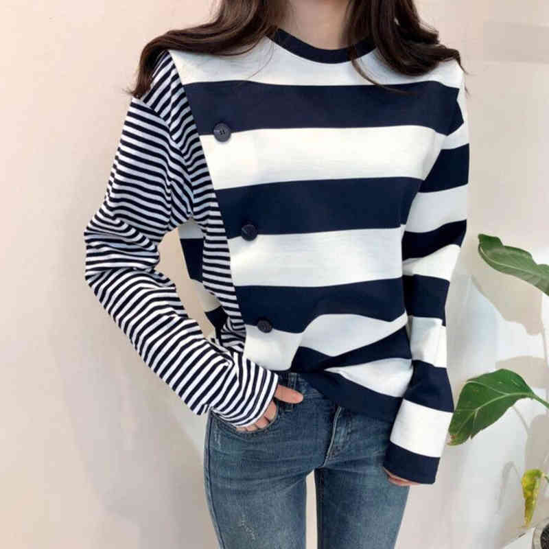 

Chic Women T-shirt Early Autumn Female Long Sleeve Irregular Patchwork Contrast Striped Casual Top Trend, White