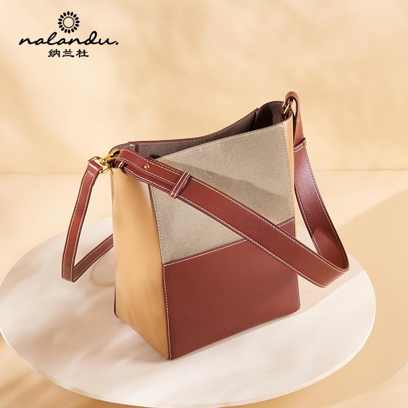 

Nalandu small bucket bag women's leather large capacity one shoulder bag new color contrast versatile leather women's, Olive green with yel