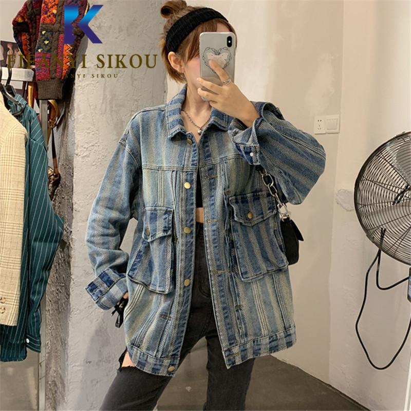 

Jeans Jacket Women Pocket Lapel Fashion Washed Striped Denim Jacket Autumn Womens Plus Size Loose Jeans Coat Harajuku Jackets, Blue