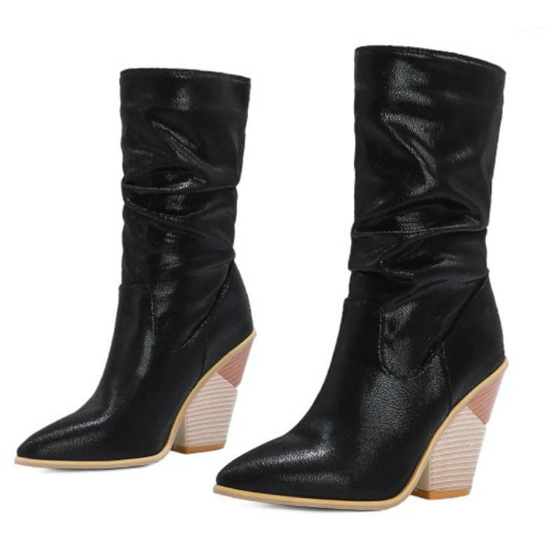 

2021 New Arrived Fashion Sexty Women Chunky Super High Wedges Heels 10cm Booties Ankle Cowboy Boots Zapatos Para Mujer Shoes H-71, Black