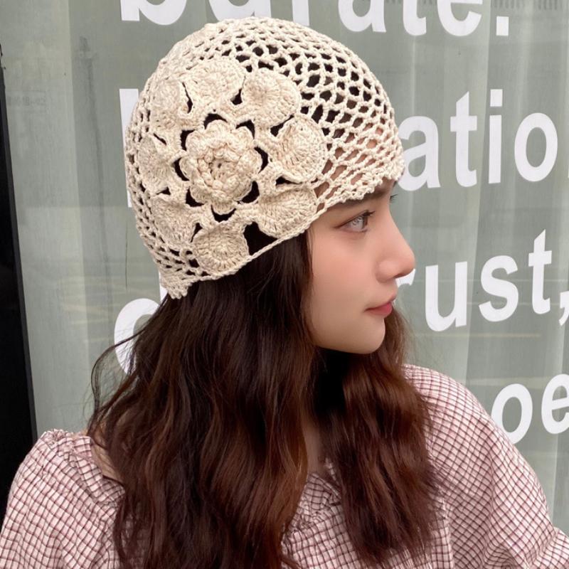 

Women Hat Vintage Crochet Knitted Flower Beanie Ladies Spring Summer Skullies Beanies, Black
