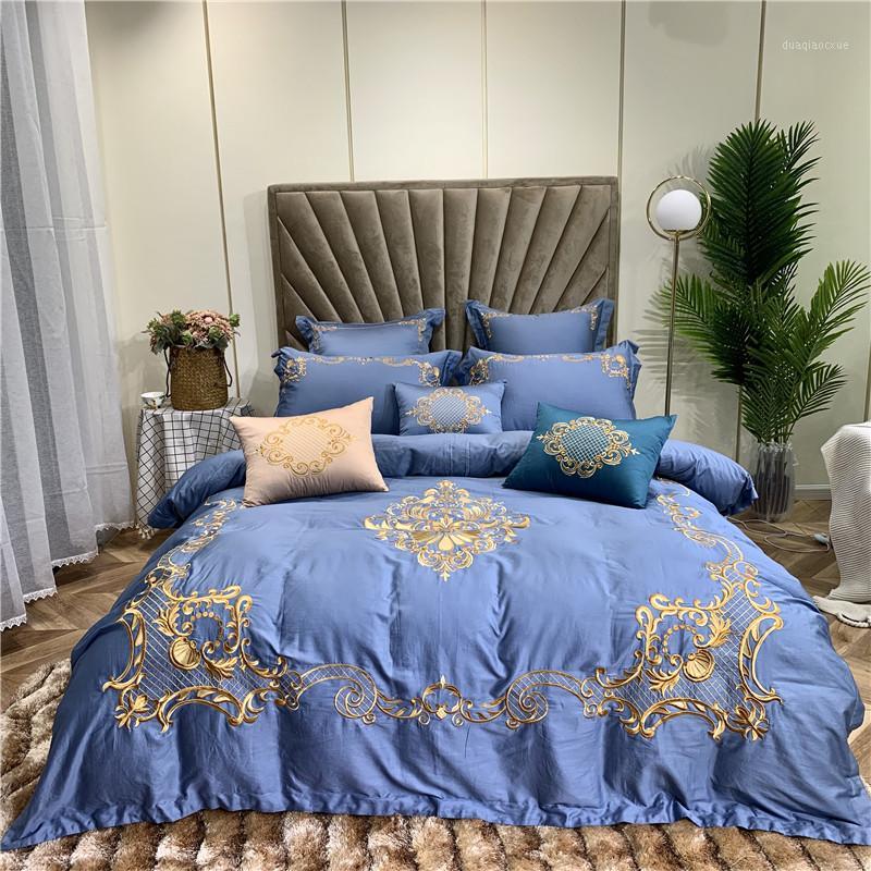 

Blue Green European 100S Egyptian Cotton Bedding Set Gold Royal Embroidery Duvet Cover Bed sheet/Linen Pillowcases1, White
