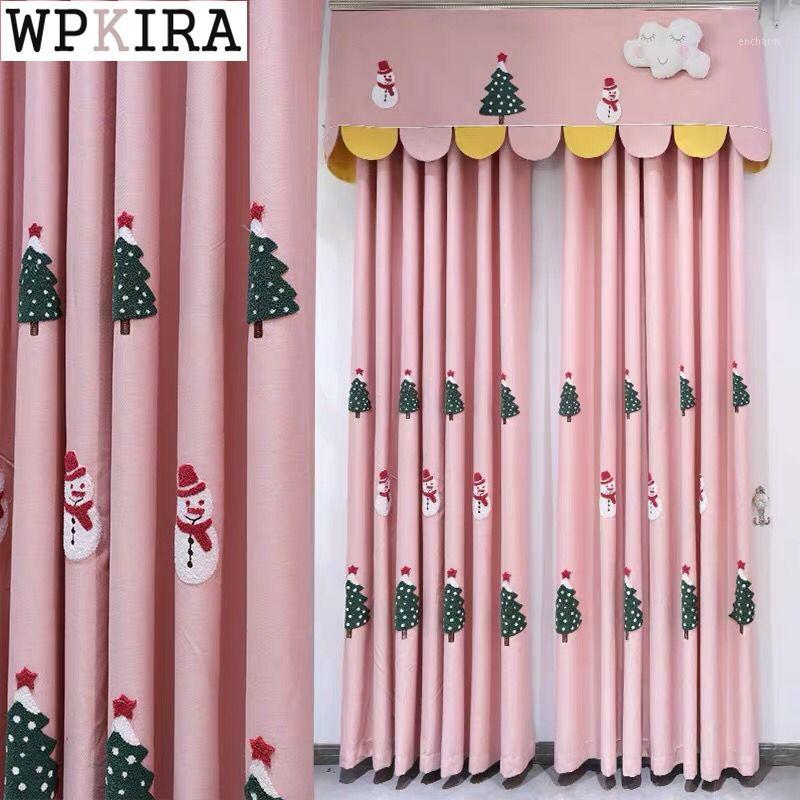 

Christmas Pink Curtain for Kids Room Princess Bedroom Trees Snowman Pattern Curtain for Living Room Window Shade Drape S563#401, Snowman tulle