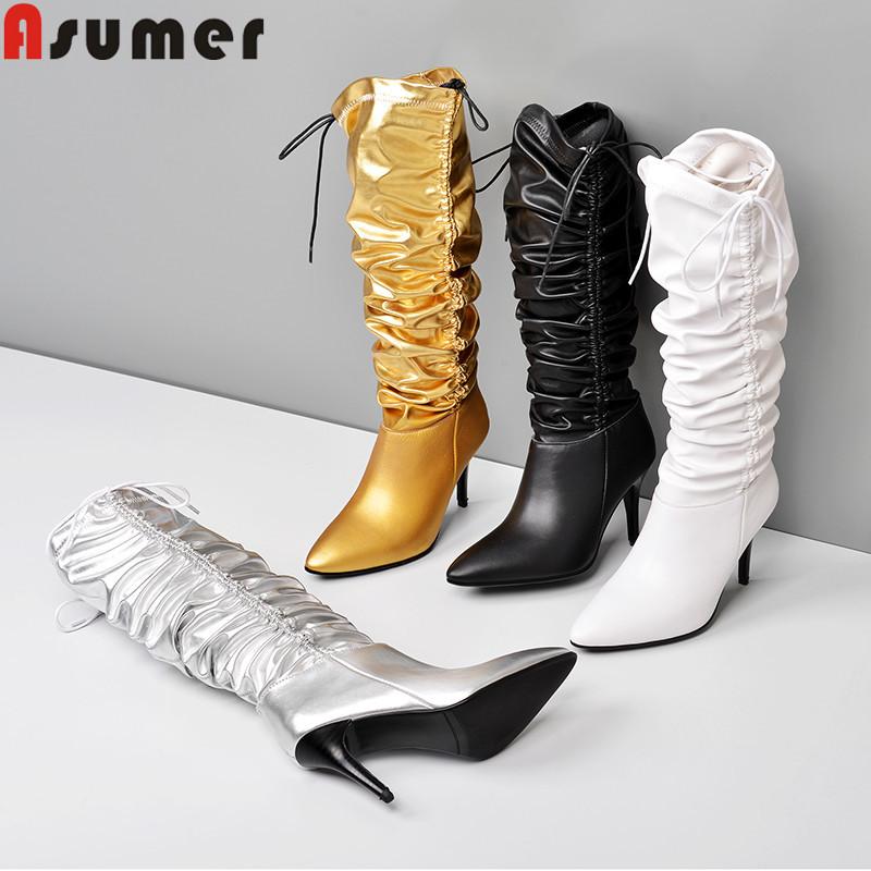

ASUMER big size 34-43 fashion mid calf boots women genuine leather boots zip sexy high heels prom autumn winter wrinkle, Black