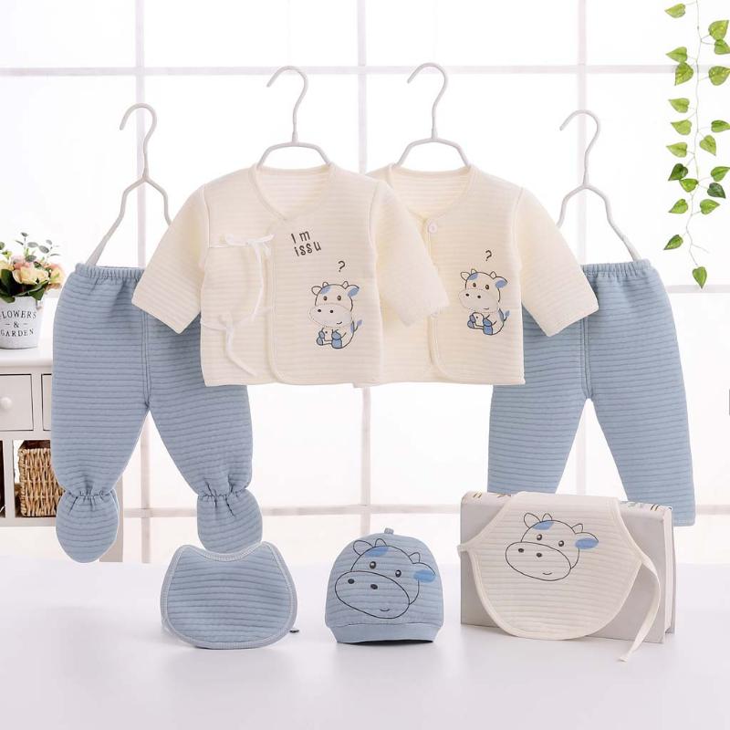 

0-3m Infant Winter Clothes Baby Boy Girl Long Sleeve Cartoon Tops+hat+pants +bib Outfits Sleepwear Set 7pcs Blue,pink,yellow