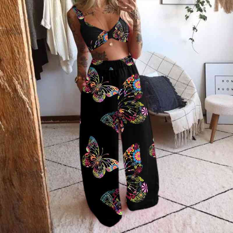 

womens tracksuit casual butterfly printed sleeveless camis long pants two piece set women pocket summer pant suits t1g, White