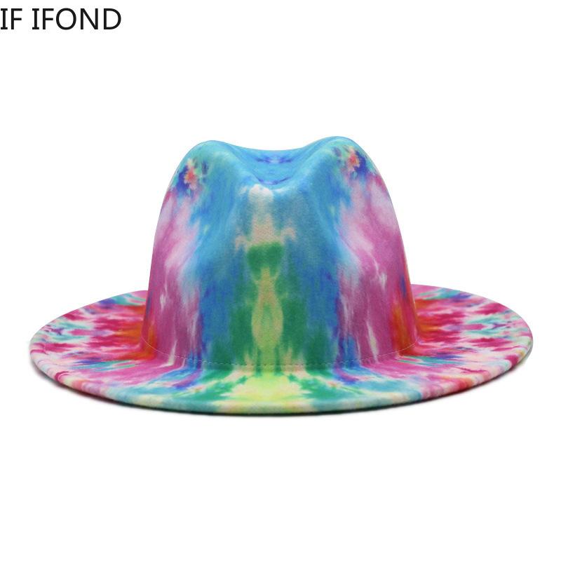 

2021 Spring Fashion Multicolor Tie-dye Wide Brim Wool Felt Fedora Hat 12 Colors Party Formal Top Hat The latest technology, Blue;gray