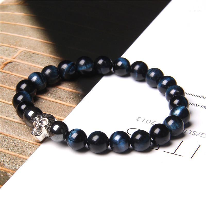 

Metal silver color skull charm bead charm bracelet men women Natural blue black tiger eye Hematite lava stone bead Punk bracelet1