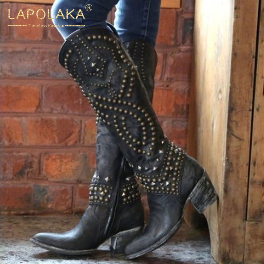 

Lapolaka 2020 New Design High Quality Zip Up Knee High Boots Women Shoes Chunky Heels Rivet Fashion INS Female Boots Ladies, Black