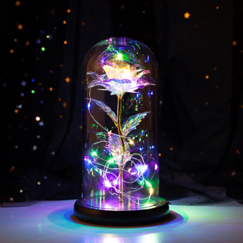 

LED Eternal Artificial Flower Home Decor In Glass Cover With Fairy String Lights In Dome Valentine's Day Present Mother Gifts, E(color gold)